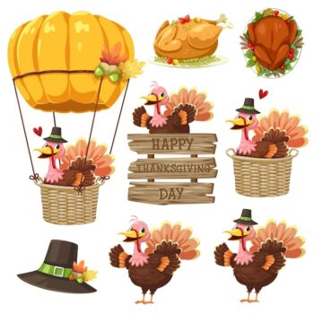 Free Vector | Happy thanksgiving day icon with turkey, label, basket, pumpkin and hat.