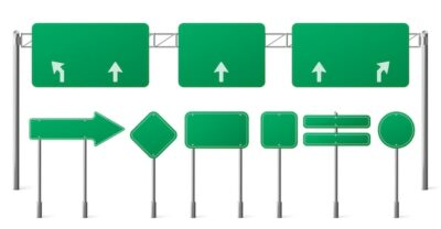 Free Vector | Highway green road signs, blank signage boards on steel poles for pointing city traffic direction