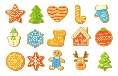 Free Vector | Homemade gingerbread cookies vector illustrations set. biscuits of different shapes: tree, house, star, sock, reindeer, snowflakes isolated on white background. winter holidays, food, dessert concept