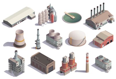 Free Vector | Industrial buildings isometric icons set with isolated images of factory facilities for different purposes with shadows