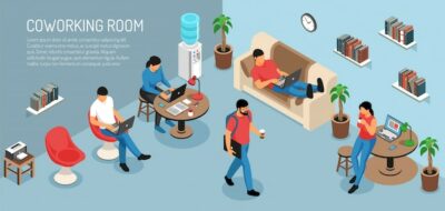 Free Vector | Isometric freelancer horizontal composition with editable text and domestic room interior with young people at work
