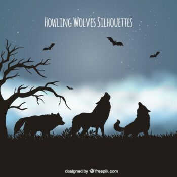 Free Vector | Landscape background with silhouette of wolves and bats