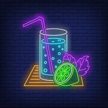 Free Vector | Lemonade glass with straw and lime neon sign