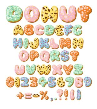 Free Vector | Letters and numbers in donut font vector illustrations set. designs of alphabet letters and numbers from chocolate donuts or cookies with icing. food, dessert, typography concept for bakery or cafe
