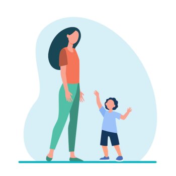 Free Vector | Little son reaching arms to his mom. woman and kid walking together flat illustration.