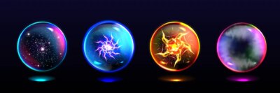 Free Vector | Magic spheres, crystal balls with lightning, energy burst, stars and mystical fog inside. realistic set of glass globes, glowing orbs for magician and fortune teller