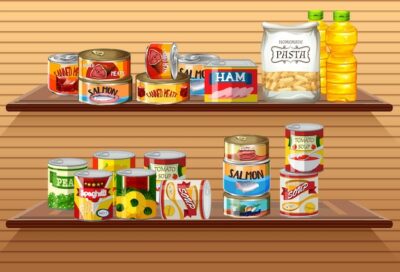 Free Vector | Many different canned foods or processed food on wall shelves