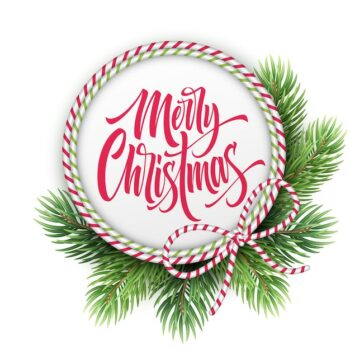Free Vector | Merry christmas lettering in circle rope frame. xmas greeting with realistic fir-tree branches and striped bow. merry christmas calligraphy in round frame. poster, banner design. isolated vector