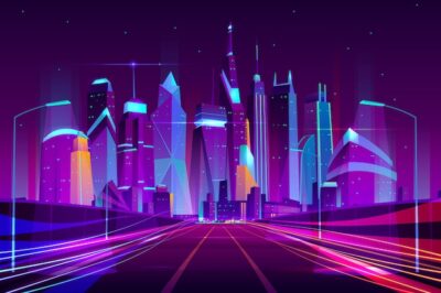 Free Vector | Modern city highway in street lamps light neon cartoon vector illustration