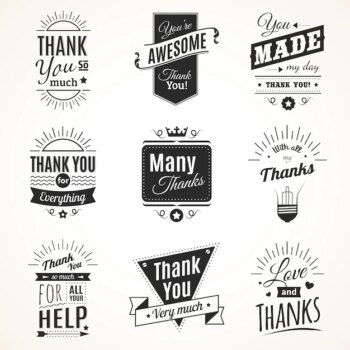 Free Vector | Monochrome collection of nine vintage thank you signs with sun light elements in retro font style isolated vector illustration
