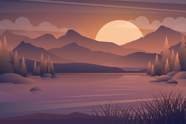 Free Vector | Mountain and lake sunset landscape. realistic tree in forest and mountain silhouettes, evening wood panorama.  illustration wild nature background