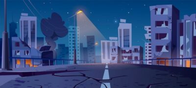 Free Vector | Night city destroy in war zone, abandoned buildings and bridge with smoke and creepy glow.