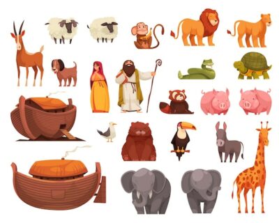 Free Vector | Noahs ark set of isolated icons with human characters of bible characters with animals and boat vector illustration