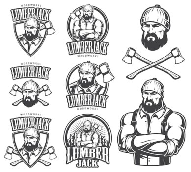 Free Vector | Of lumberjack emblem, label, badge, logo and designed elements. isolated on white background.