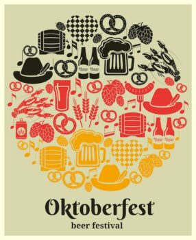 Free Vector | Oktoberfest beer festival label in the german national colors in a round design with german beer in bottles  can  tankard  glass  keg or cask  barrel  hops  barley  sausage  pretzel and a heart