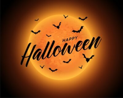Free Vector | Orange moon happy halloween background with flying bats