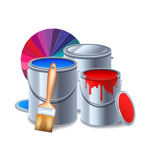 Free Vector | Painting tools and equipment realistic composition with paint cans