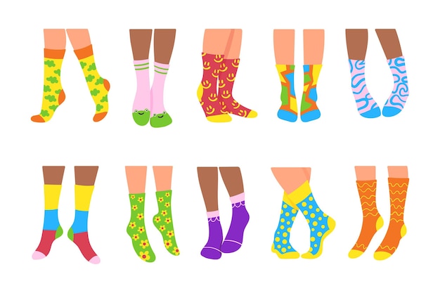 Free Vector | Pairs of female legs in warm socks vector illustrations set. doodles of feet of girls in trendy stockings or underwear isolated on white background. fashion, clothes, footwear, accessories concept