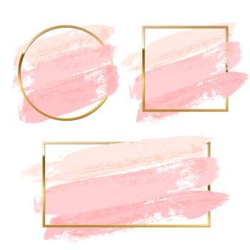Free Vector | Pastel pink brush strokes set with round, square and rectangle golden frames isolated on white background.