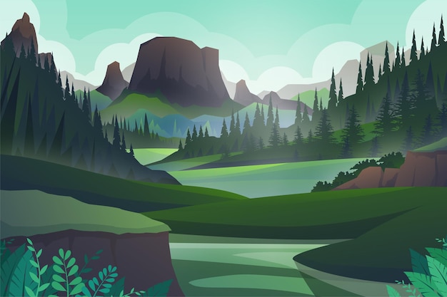 Free Vector | Peaceful hill and forest tree and mountains rock, beautiful landscape, outdoors adventure on green and silhouette,   illustration