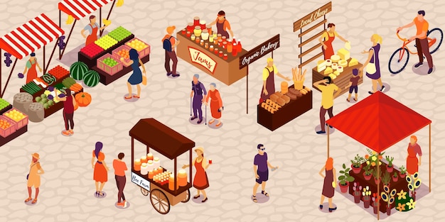 Free Vector | People buying vegetables fruit honey cheese bread flowers jam at farm market isometric
