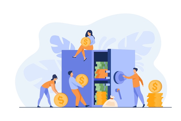 Free Vector | People keeping money in bank, protecting savings in safe. vector illustration for secure finance, deposit, investment, safety concept