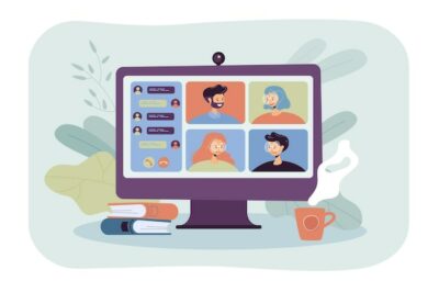 Free Vector | People meeting online via video conference flat illustration. cartoon group of colleagues on virtual collective chat during lockdown