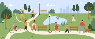 Free Vector | People walk with dogs ride on bike in park