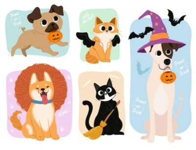 Free Vector | Pets dressed in halloween costumes