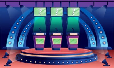 Free Vector | Quiz game stage interior design background competition with questions television trivia show three stands with microphones in spotlight screens with questions