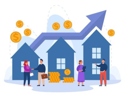 Free Vector | Real estate deals between agent and client shaking hands. people buying and building houses during market growth flat vector illustration. investment in construction, rent, property concept