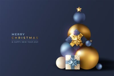 Free Vector | Realistic 3d christmas background with blue and golden ornaments