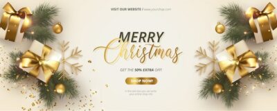 Free Vector | Realistic christmas banner with white and gold decoration
