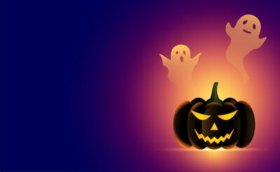 Free Vector | Realistic halloween pumpkin with scary ghosts background