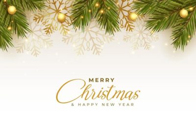 Free Vector | Realistic merry christmas festival greeting with pine leaves and golden snowflakes