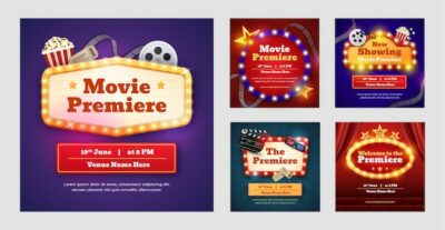 Free Vector | Realistic neon movie premiere instagram posts collection