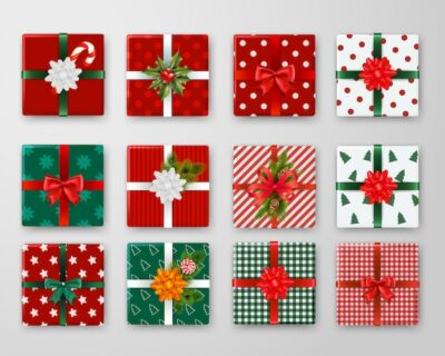 Free Vector | Realistic set of wrapped christmas gift boxes with colorful ribbons and bows isolated