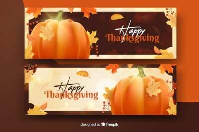 Free Vector | Realistic thanksgiving banners with pumpkin and dried leaves