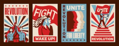Free Vector | Revolution 4 promoting constructivist posters set with calls for strike fight unity liberty vintage isolated