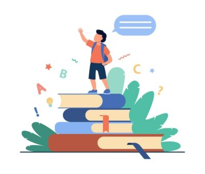 Free Vector | Schoolboy standing on books, raising hand and speaking. pupil reading home task report flat vector illustration. school, education, knowledge