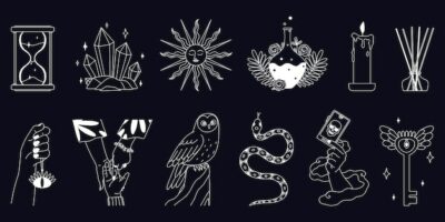 Free Vector | Set of isolated mystic boho icons with chalkboard monochrome images of snakes birds and candle symbols vector illustration