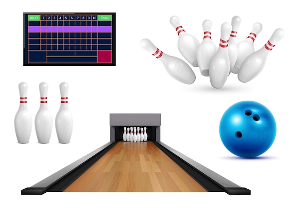 Free Vector | Set of realistic bowling icons with images of pins ball and leaderboard score table with lane vector illustration