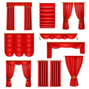 Free Vector | Set of realistic luxury red curtains of various on cornices with golden elements isolated