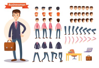 Free Vector | Set of vector cartoon illustrations for creating a character, businessman.