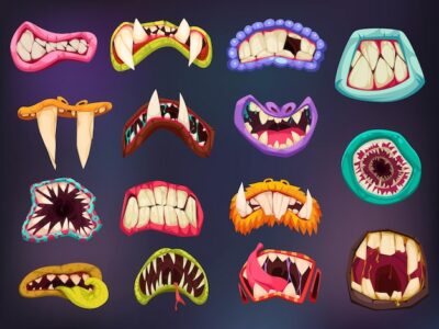 Free Vector | Set with isolated monster mouth color icons with colorful lips and tusk teeth of different shape vector illustration