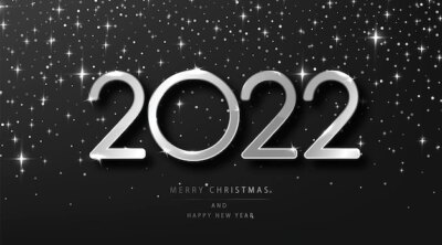 Free Vector | Silver 2022 christmas and happy new year. holiday vector illustration with silver metallic numbers 2022 and festive glitter black glittering background