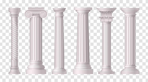Free Vector | Six isolated and realistic antique white columns icon set on transparent surface illustration