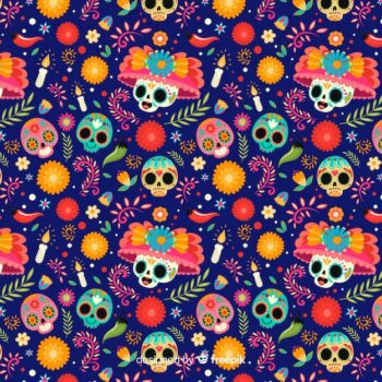 Free Vector | Skulls with floral hats seamless pattern