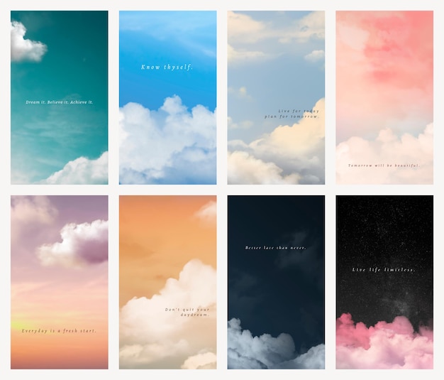 Free Vector | Sky and clouds vector mobile wallpaper template with inspiring quote set