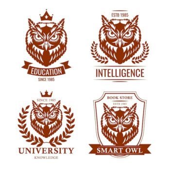 Free Vector | Smart owl set. school or college old emblem, educational heraldry, symbol of knowledge. vector illustrations collection isolated on white background for education